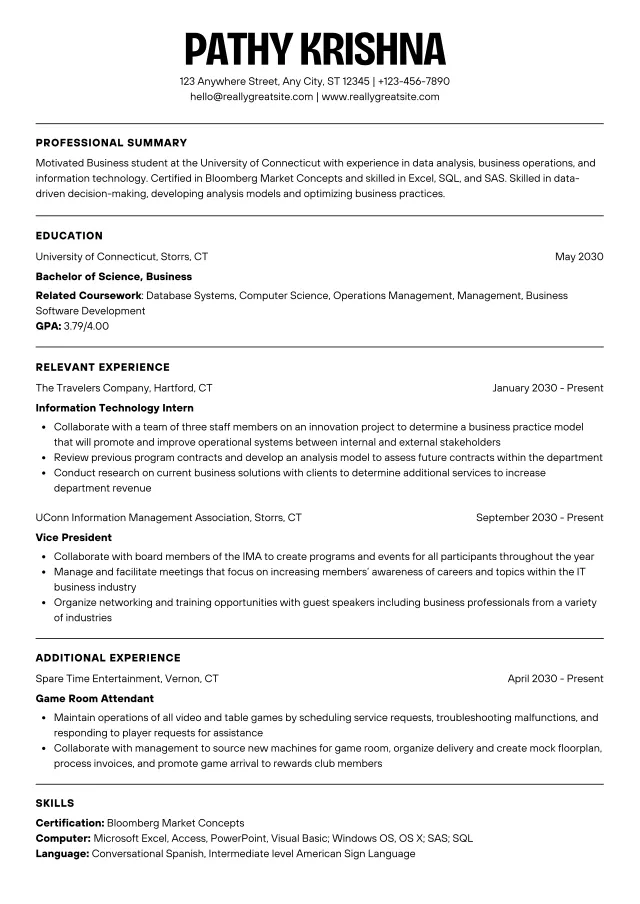 Full-page preview of the Simple ATS resume template layout