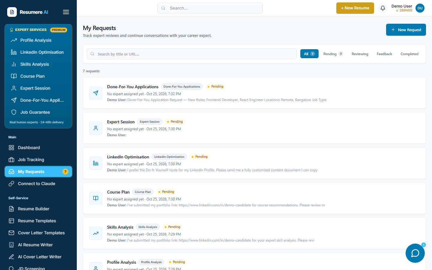 The My Requests page listing the Done-For-You request and its status