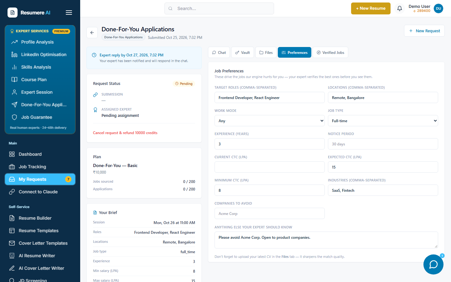 The Done-For-You request page on the Preferences tab, with the job preferences form