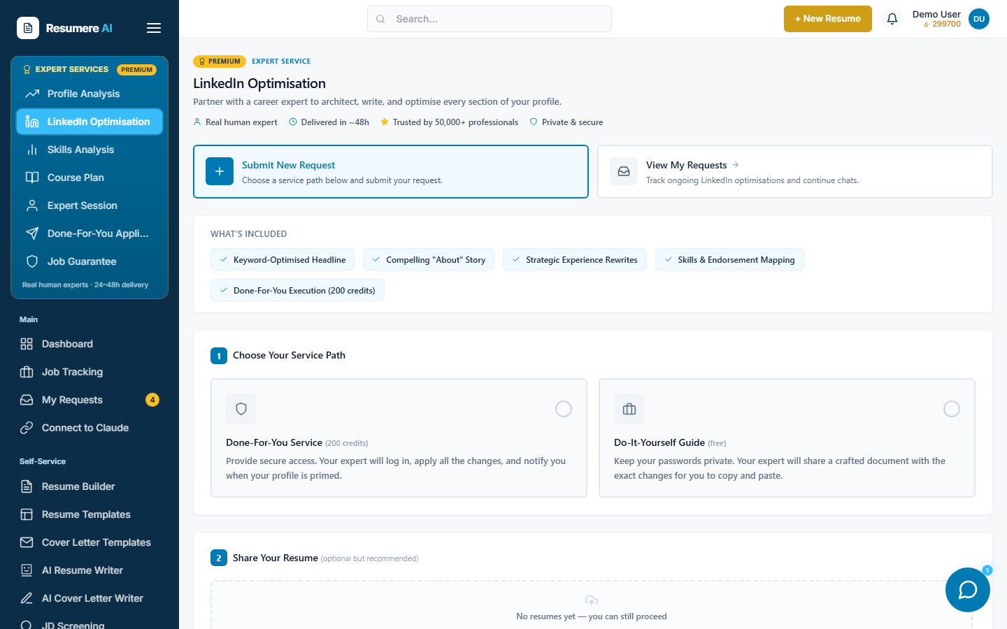 The LinkedIn Optimisation page showing what's included and the two service paths