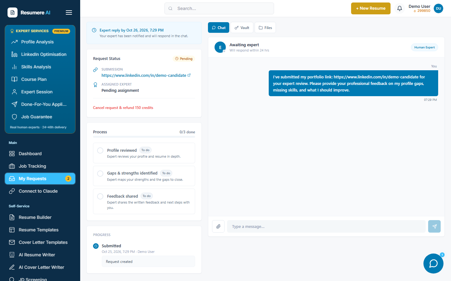 The Profile Analysis request page with status, process checklist and the expert chat
